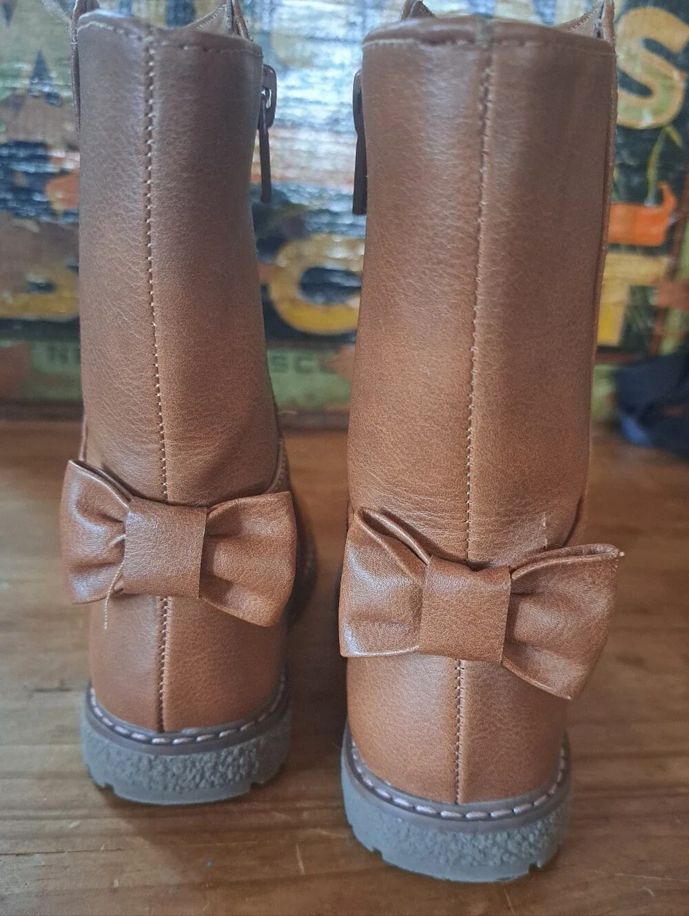 Cat & Jack Brown Riding Boots w/ Side Zippers & Decorative Bows, Toddler Size 6